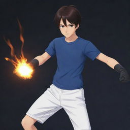 A 17-year-old boy in an anime style, with dark hair and brown eyes, in a fitted dark blue t-shirt with details, leather gloves, and knee-pads, complemented with white shorts as a training outfit, confidently showing his fire powers.