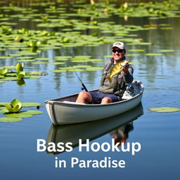 A tranquil lake scene featuring lush green lilies floating gently on the water's surface in the backdrop