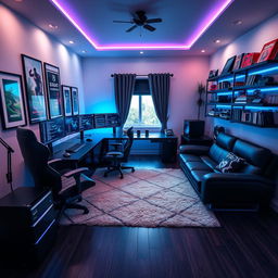 A stunning modern room designed for a gamer and programmer, featuring sleek black and neon blue design elements