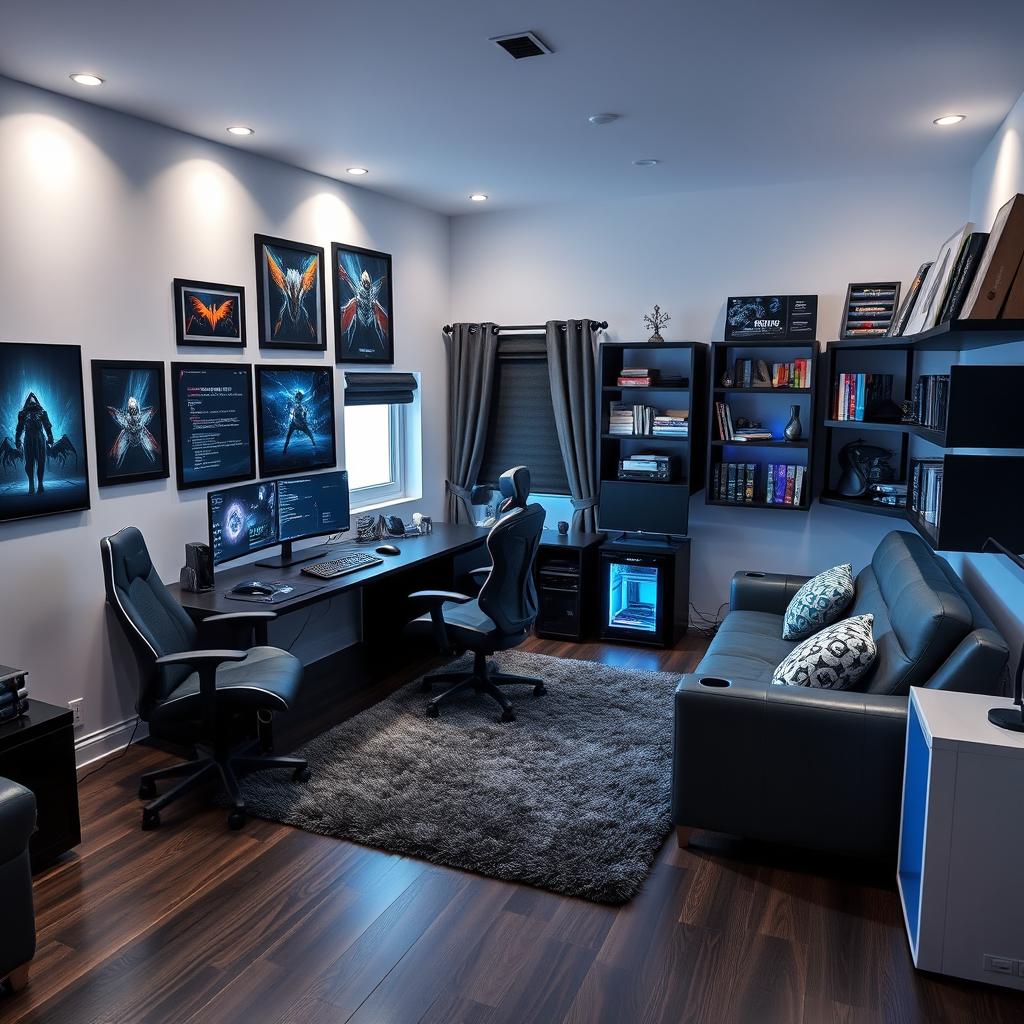 A stunning modern room designed for a gamer and programmer, featuring sleek black and neon blue design elements