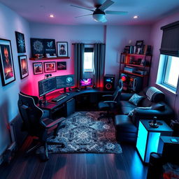 A stunning modern room designed for a gamer and programmer, featuring sleek black and neon blue design elements