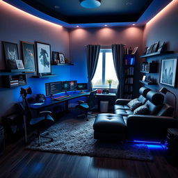 A stunning modern room designed for a gamer and programmer, featuring sleek black and neon blue design elements