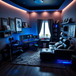 A stunning modern room designed for a gamer and programmer, featuring sleek black and neon blue design elements