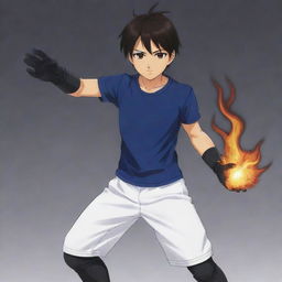 A 17-year-old boy in an anime style, with dark hair and brown eyes, in a fitted dark blue t-shirt with details, leather gloves, and knee-pads, complemented with white shorts as a training outfit, confidently showing his fire powers.