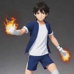 A 17-year-old boy in an anime style, with dark hair and brown eyes, in a fitted dark blue t-shirt with details, leather gloves, and knee-pads, complemented with white shorts as a training outfit, confidently showing his fire powers.