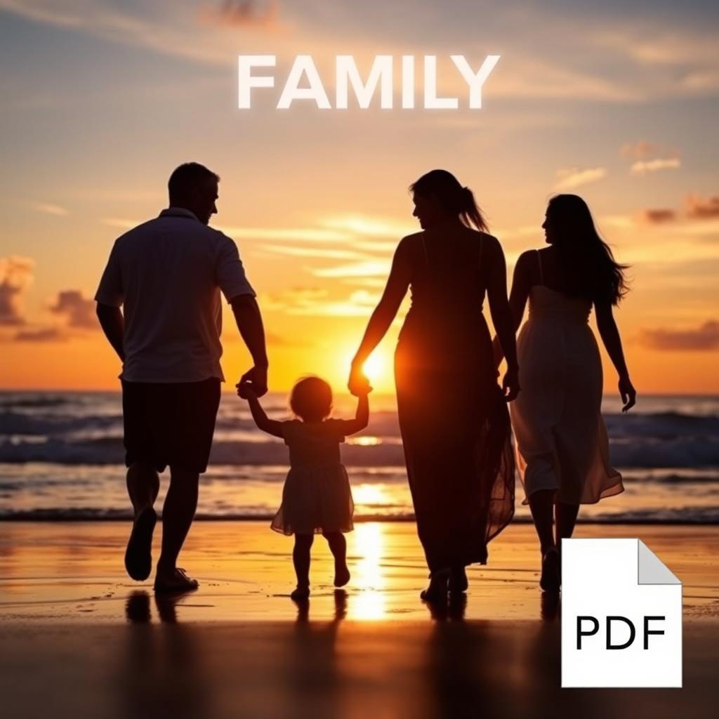 A beautifully designed PDF page featuring an enchanting image of a family standing hand in hand on a beach during sunset