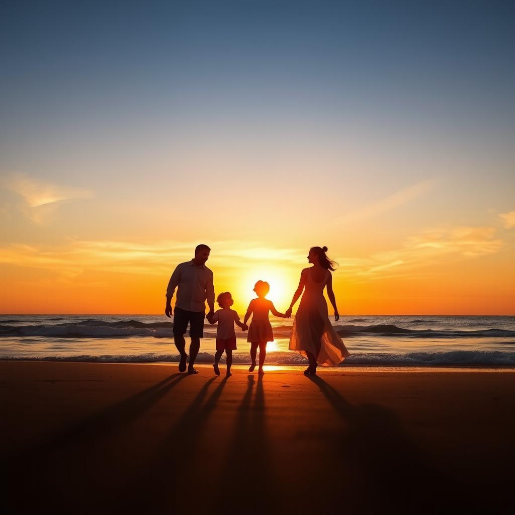 A beautifully designed PDF page featuring an enchanting image of a family standing hand in hand on a beach during sunset