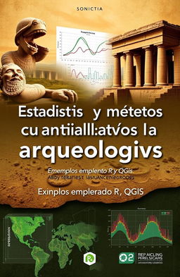 A striking book cover design for 'Estadística y métodos cuantitativos aplicados a la arqueología