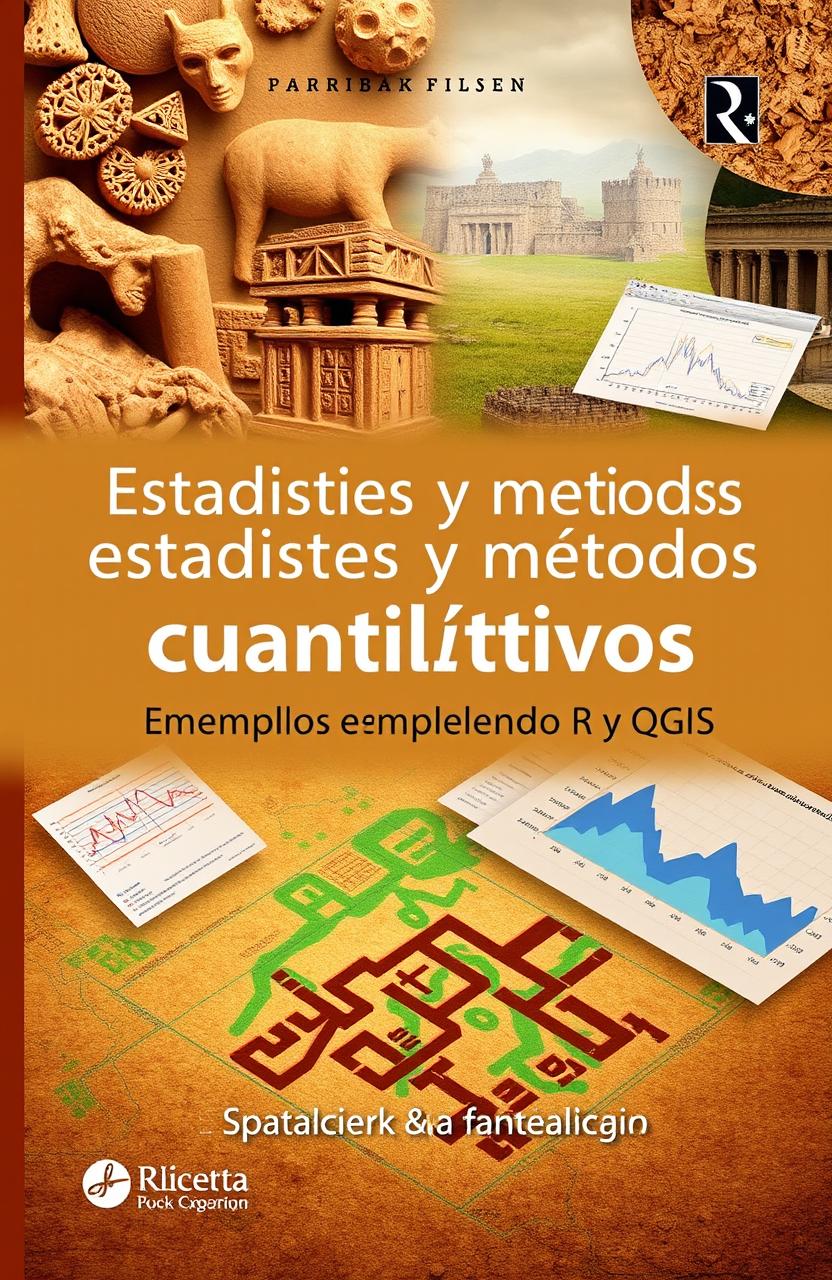 A striking book cover design for 'Estadística y métodos cuantitativos aplicados a la arqueología