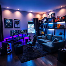 A stunning modern room designed for a gamer and programmer, featuring sleek black and neon blue design elements