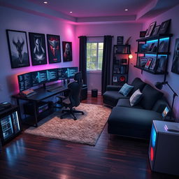 A stunning modern room designed for a gamer and programmer, featuring sleek black and neon blue design elements