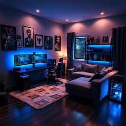 A stunning modern room designed for a gamer and programmer, featuring sleek black and neon blue design elements