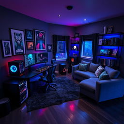 A stunning modern room designed for a gamer and programmer, featuring sleek black and neon blue design elements