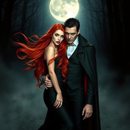 A beautiful red-haired woman and a mysterious vampire standing together in a dark, moonlit forest