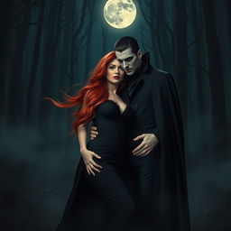 A beautiful red-haired woman and a mysterious vampire standing together in a dark, moonlit forest