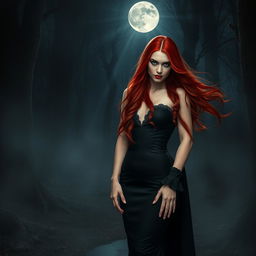 A beautiful red-haired woman and a mysterious vampire standing together in a dark, moonlit forest