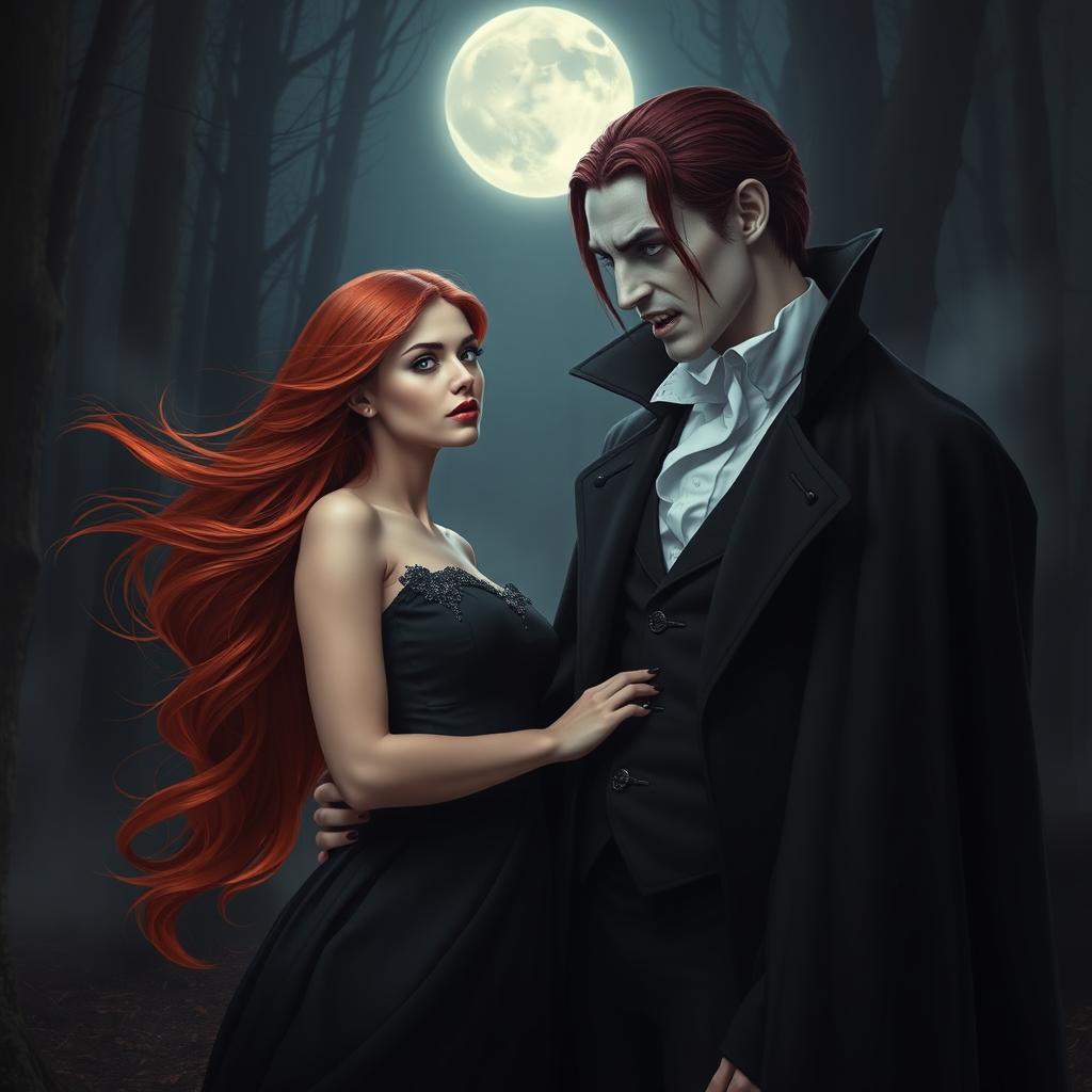 A beautiful red-haired woman and a mysterious vampire standing together in a dark, moonlit forest