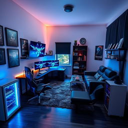 A stunning modern room designed for a gamer and programmer, featuring sleek black and neon blue design elements