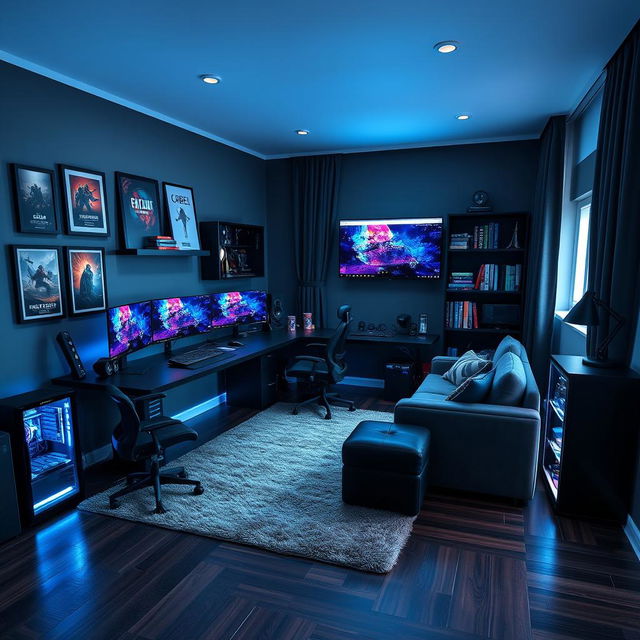 A stunning modern room designed for a gamer and programmer, featuring sleek black and neon blue design elements