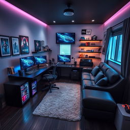 A stunning modern room designed for a gamer and programmer, featuring sleek black and neon blue design elements