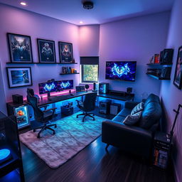 A stunning modern room designed for a gamer and programmer, featuring sleek black and neon blue design elements