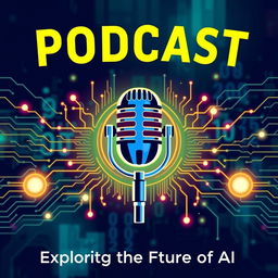 A vibrant thumbnail for a podcast about artificial intelligence, featuring a stylized microphone at the center, surrounded by futuristic digital elements like circuit boards, binary code, and glowing neural networks