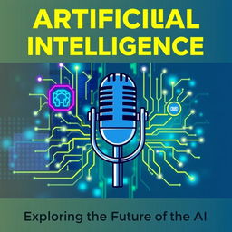 A vibrant thumbnail for a podcast about artificial intelligence, featuring a stylized microphone at the center, surrounded by futuristic digital elements like circuit boards, binary code, and glowing neural networks