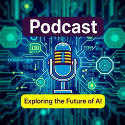 A vibrant thumbnail for a podcast about artificial intelligence, featuring a stylized microphone at the center, surrounded by futuristic digital elements like circuit boards, binary code, and glowing neural networks