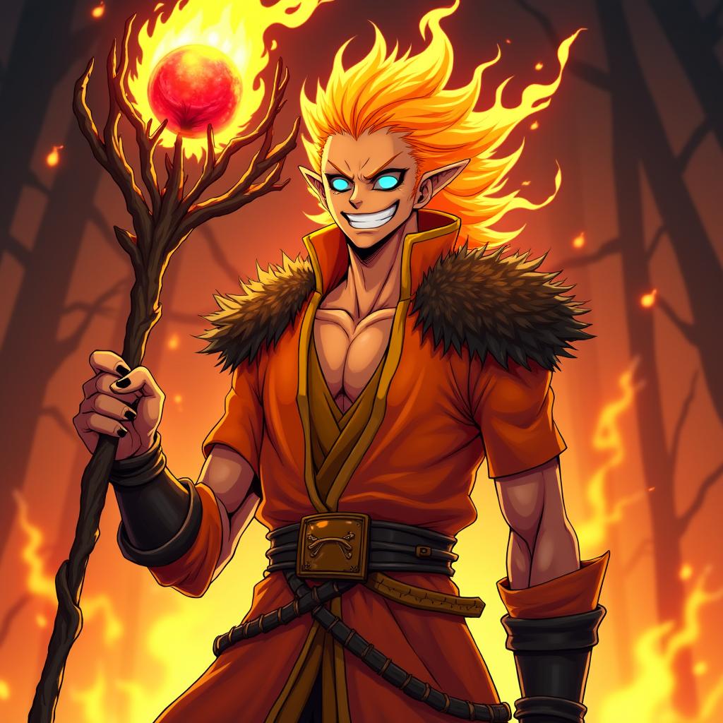 An anime character in the distinct style of One Piece, featuring an orange-skinned Fire Genasi man with long, glowing, flaming ginger hair that emits bright light and heat