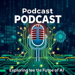 A vibrant thumbnail for a podcast about artificial intelligence, featuring a stylized microphone at the center, surrounded by futuristic digital elements like circuit boards, binary code, and glowing neural networks