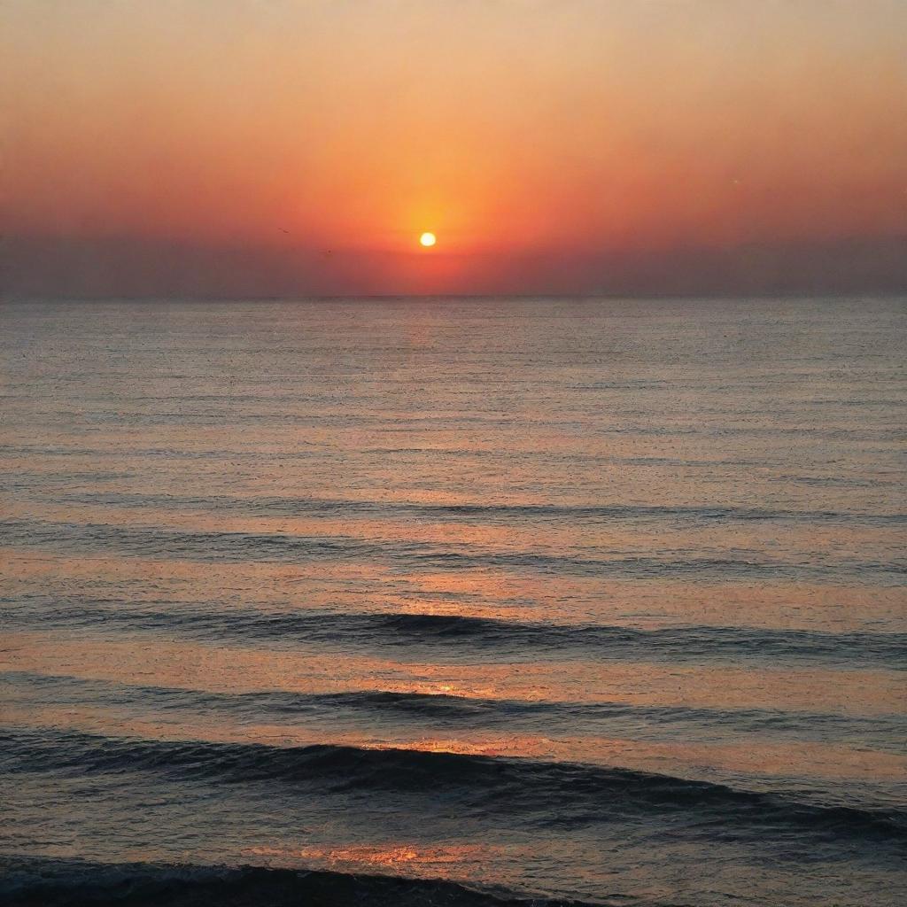 A beautiful sunset over a calm ocean, with shades of orange and red blending into the horizon.