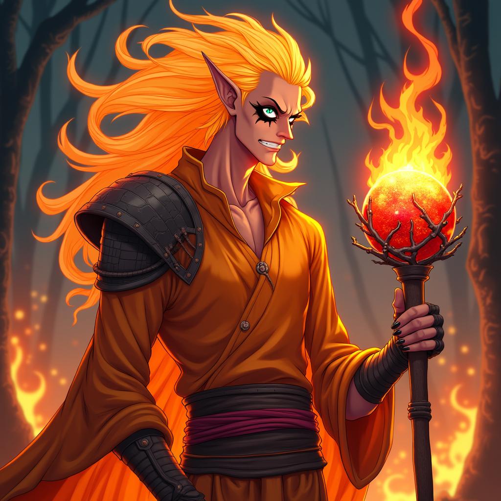 An anime character in the vibrant style of One Piece, featuring an orange-skinned Fire Genasi man with long, glowing, flaming, burning ginger hair that illuminates his surroundings