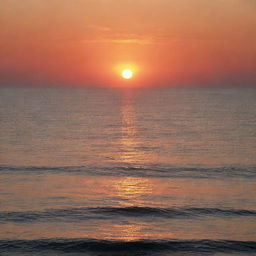 A beautiful sunset over a calm ocean, with shades of orange and red blending into the horizon.