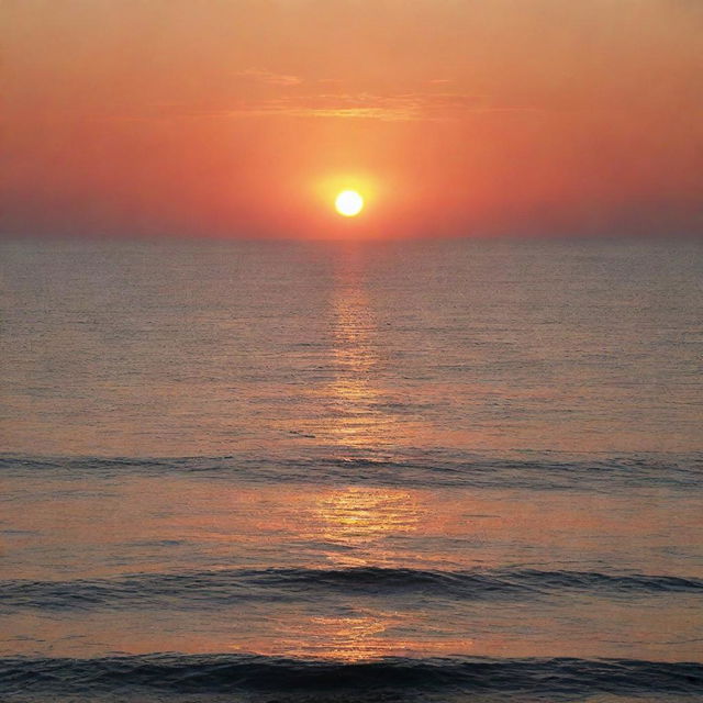 A beautiful sunset over a calm ocean, with shades of orange and red blending into the horizon.