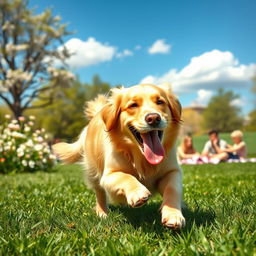 A heartwarming scene showcasing a happy Golden Retriever playing in a vibrant green park