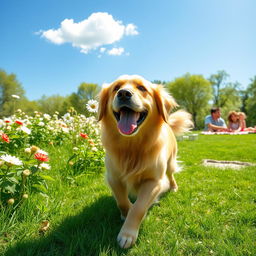 A heartwarming scene showcasing a happy Golden Retriever playing in a vibrant green park