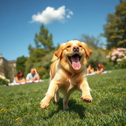 A heartwarming scene showcasing a happy Golden Retriever playing in a vibrant green park