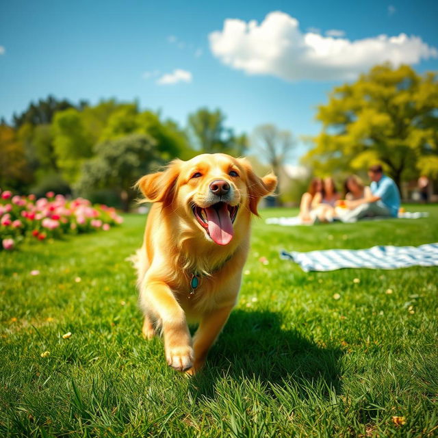 A heartwarming scene showcasing a happy Golden Retriever playing in a vibrant green park