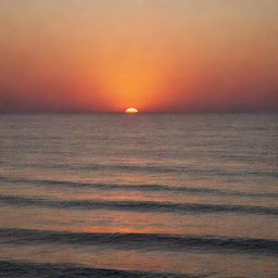 A beautiful sunset over a calm ocean, with shades of orange and red blending into the horizon.