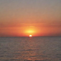 A beautiful sunset over a calm ocean, with shades of orange and red blending into the horizon.