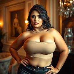 A voluptuous woman with large breasts wearing a stylish outfit, confidently posing in a glamorous setting