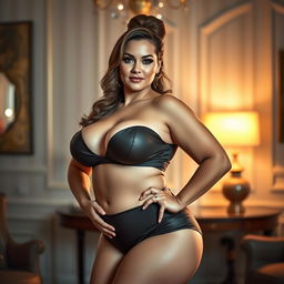 A voluptuous woman with large breasts wearing a stylish outfit, confidently posing in a glamorous setting