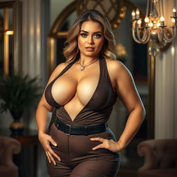 A voluptuous woman with large breasts wearing a stylish outfit, confidently posing in a glamorous setting