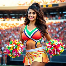 A confident cheerleader with large breasts, wearing a vibrant and eye-catching cheerleading uniform