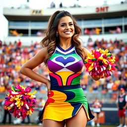 A confident cheerleader with large breasts, wearing a vibrant and eye-catching cheerleading uniform