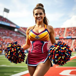 A confident cheerleader with large breasts, wearing a vibrant and eye-catching cheerleading uniform