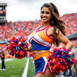 A confident cheerleader with large breasts, wearing a vibrant and eye-catching cheerleading uniform