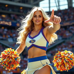 A blonde cheerleader with large breasts, exuding confidence and energy in a lively sports environment