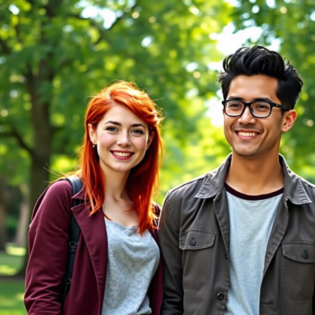 A scene featuring a short red-haired woman standing next to a tall man with black hair