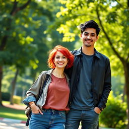 A scene featuring a short red-haired woman standing next to a tall man with black hair